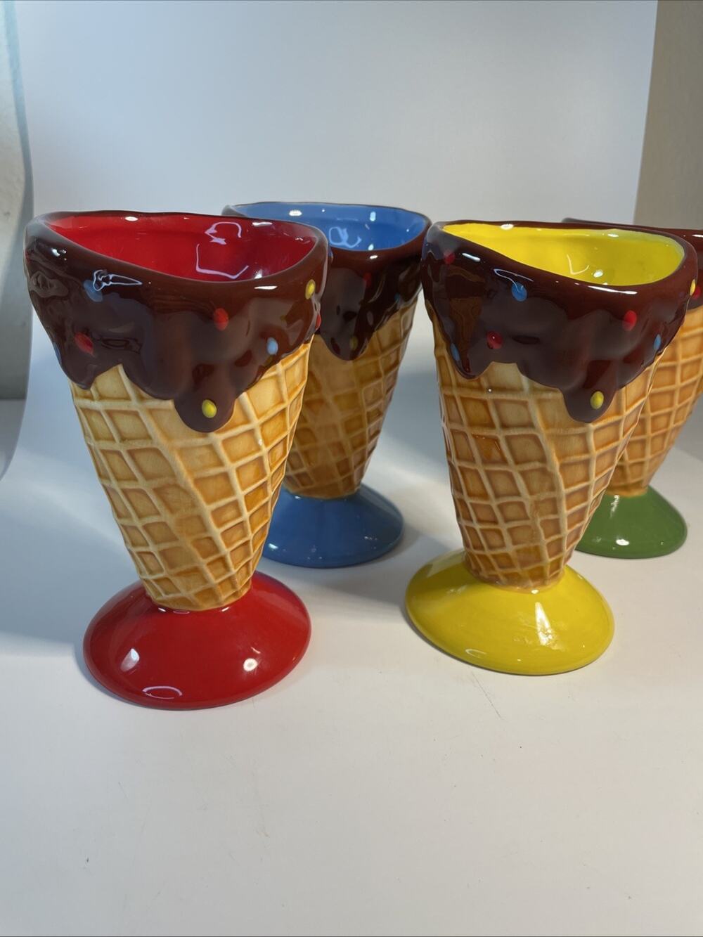 Set of 4 Multicolor Ceramic Ice Cream Cone Shaped Sundae Glasses Decorated